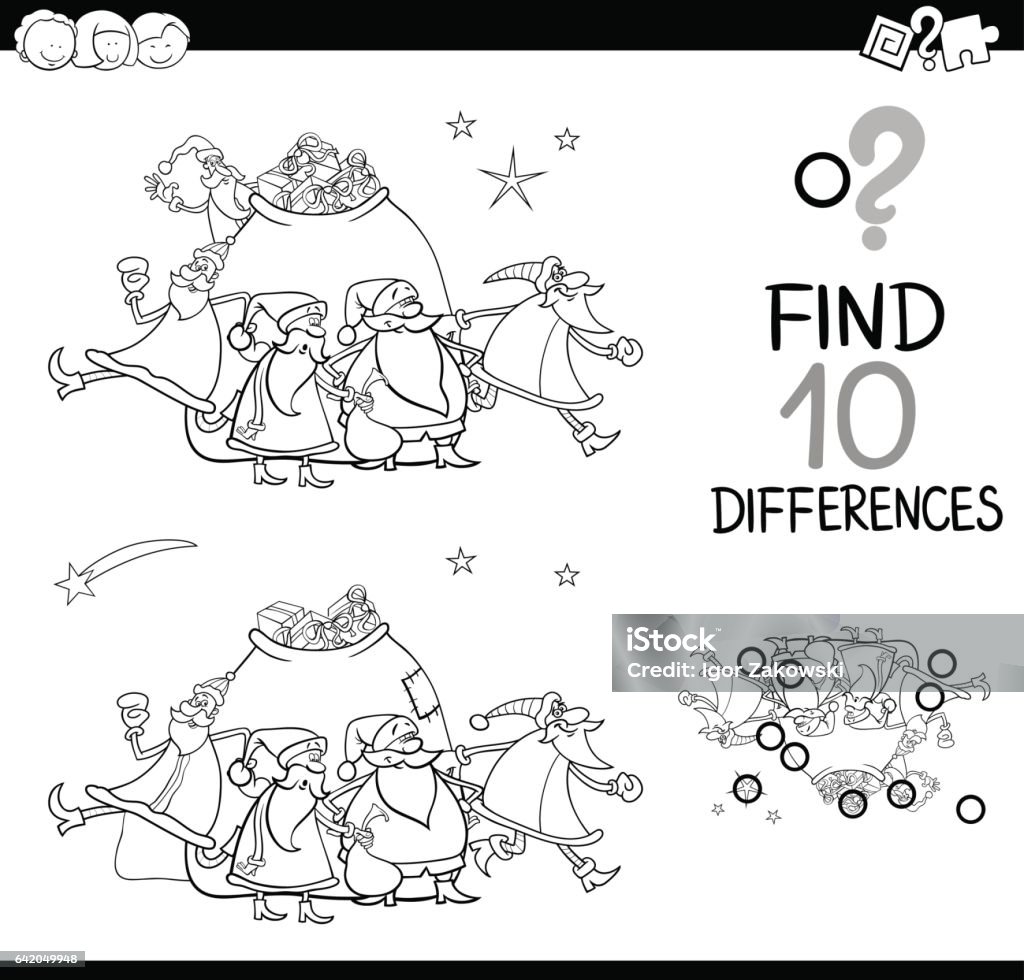 christmas differences coloring page Black and White Cartoon Illustration of Finding Differences Educational Game for Children with Santa Claus Christmas Characters Coloring Page Black And White stock vector