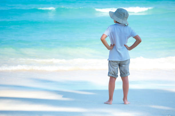 istock Back view of playful little boy on white sand beach 642053560