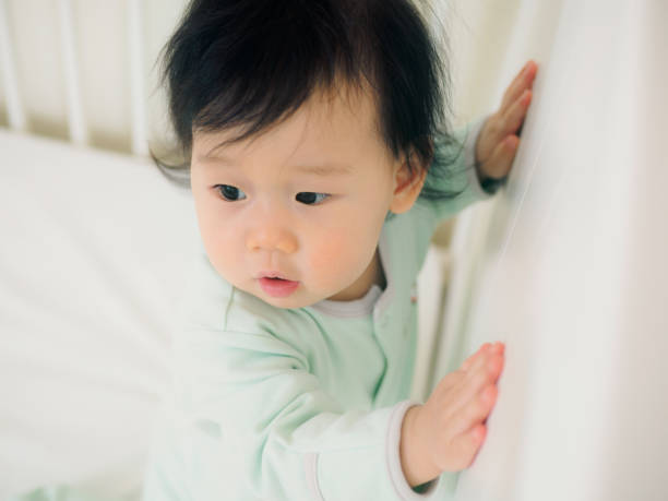 istock Baby girl stand in cot bed 642056950
