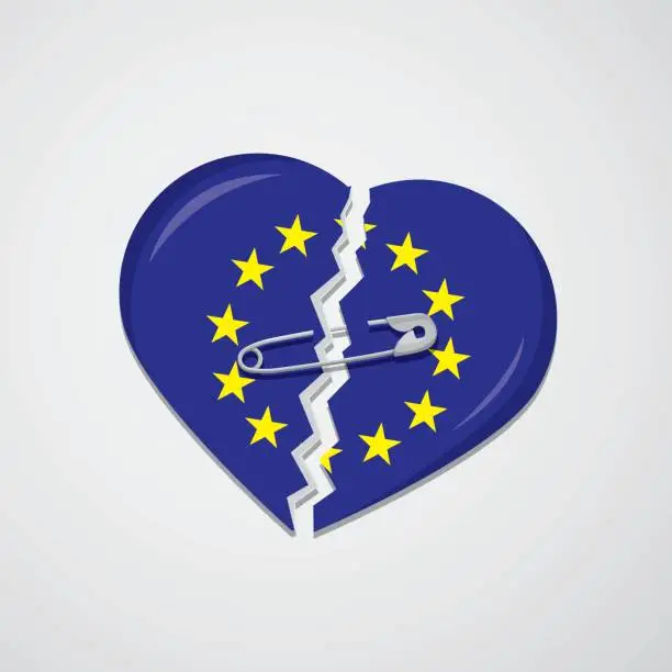 Vector illustration of Broken heart as European Union flag with safety pin