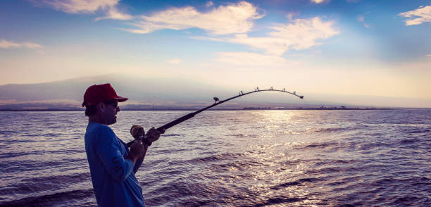 Fisherman Man with fisher rod in almost silhouette against a vivid sky broad catch stock pictures, royalty-free photos & images