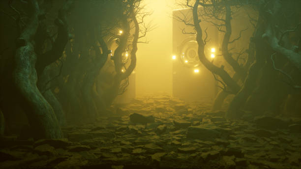 Spooky foggy forest with mysterious alien gates.