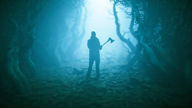 Spooky foggy forest with mystery killer.