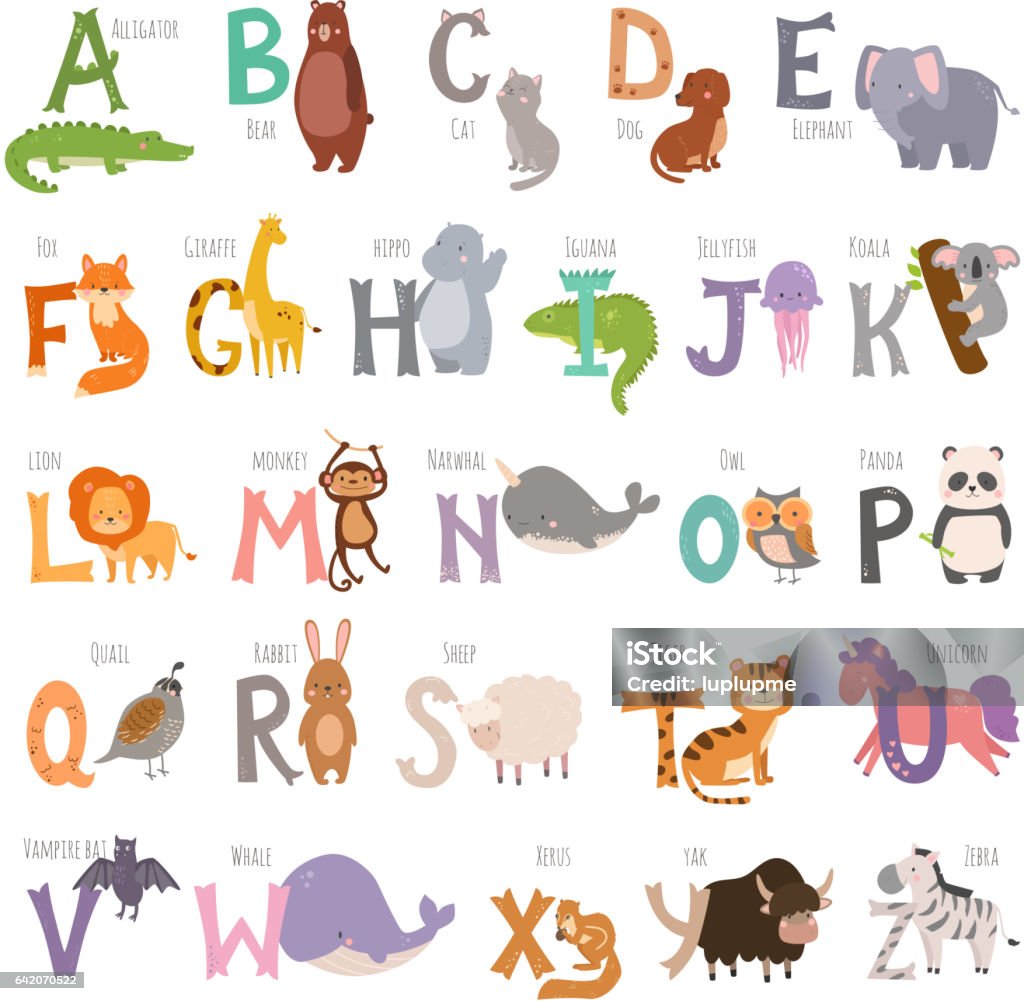 Cute Zoo Alphabet With Cartoon Animals Isolated On White Background And  Grunge Letters Wildlife Learn Typography Cute Language Vector Illustration  Stock Illustration - Download Image Now - iStock