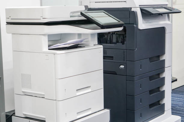 close up two office printers stock photo