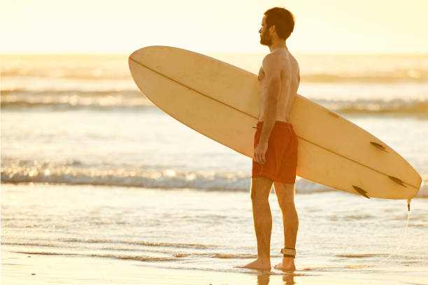 istock Profile of man holding a surfboard on the beach 642076946