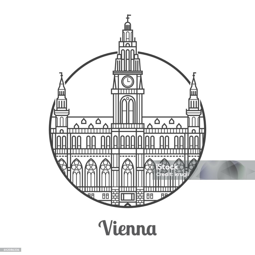 Travel Vienna Icon Travel Vienna icon. Gothic City Hall is one of the famous architectural landmarks and tourist attractions in capital of Austria. Thin line catholic clock tower icon in circle. Vienna - Austria stock vector