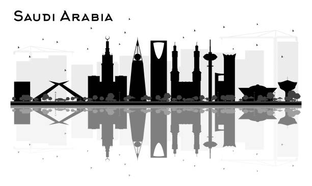саудовская аравия горизонт черно-белый силуэт с отражениями. - saudi arabia stock illustrations