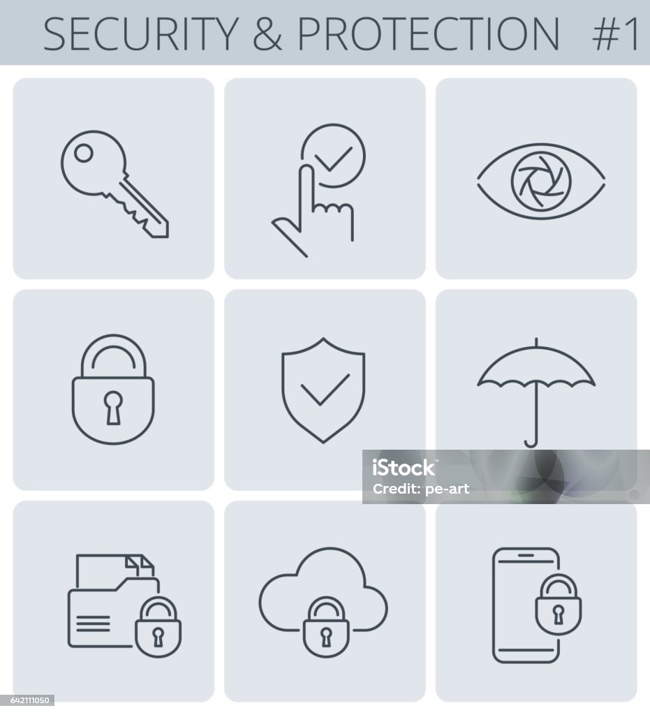 Security and protection line symbols. Vector thin outline icon set. Security, business data protection outline icons: lock, key, shield, padlock, umbrella. Vector thin line symbol and sign set. Isolated infographic elements for web, presentations, social networks. Icon Symbol stock vector
