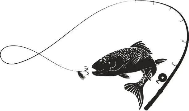 Vector illustration of Fish and fishing rod silhouette