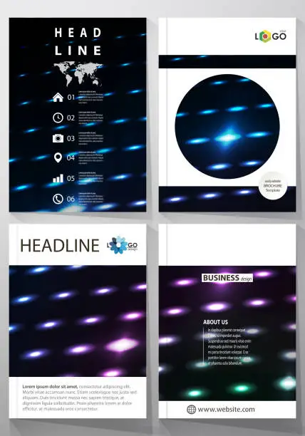 Vector illustration of Business templates for brochure, magazine, flyer, booklet. Cover template, layout in A4 format. Abstract colorful neon dots, dotted background. Glowing particles, led light pattern, vector design