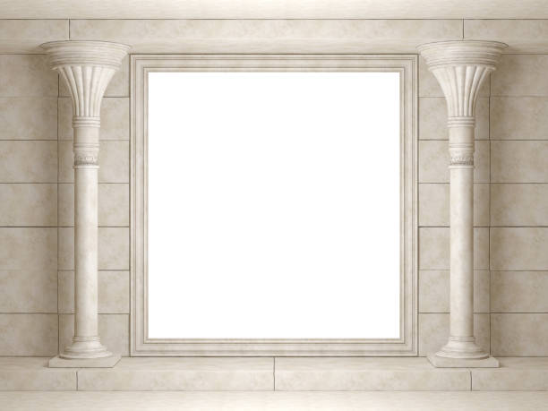 istock Classical colonnade in the background of the old wall with empty billboard. 3D Render 642135516