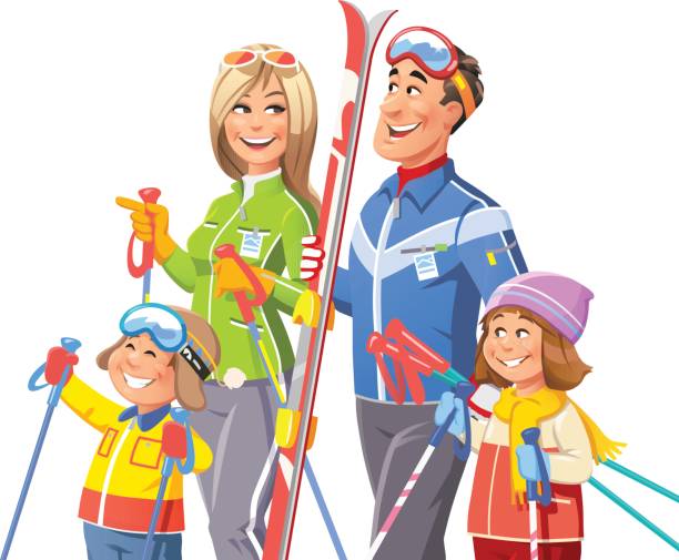 Family Skiing Vector illustration of a young family with two children, a boy and a girl, going skiing, isolated on white. The father is carrying his skis, the mother is gesturing to move on and the children are laughing and expressing their joy. kids snow suits stock illustrations