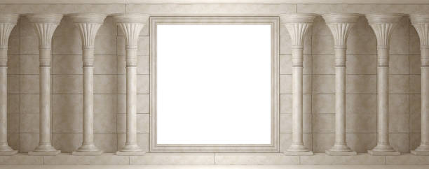 istock Classical colonnade in the background of the old wall with empty billboard. 3D Render 642136032