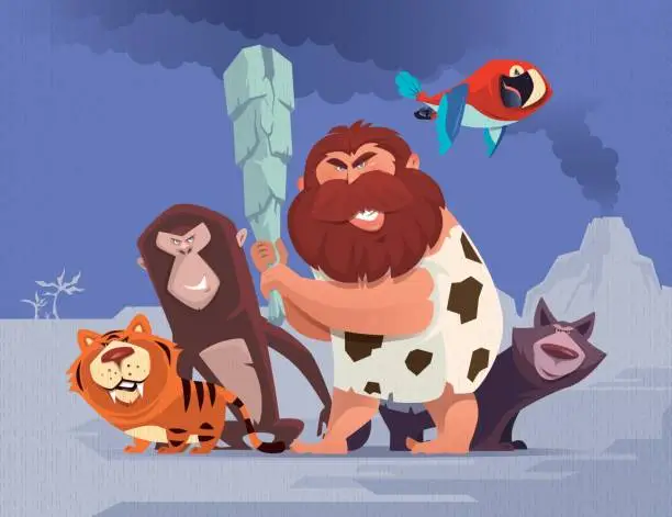 Vector illustration of caveman with pets defending