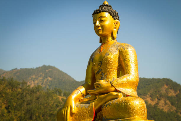 Golden Statue of Buddha with background of green forest and blue sky.