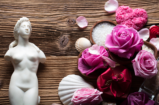 Venus de Milo statue and spa accessories on wooden table