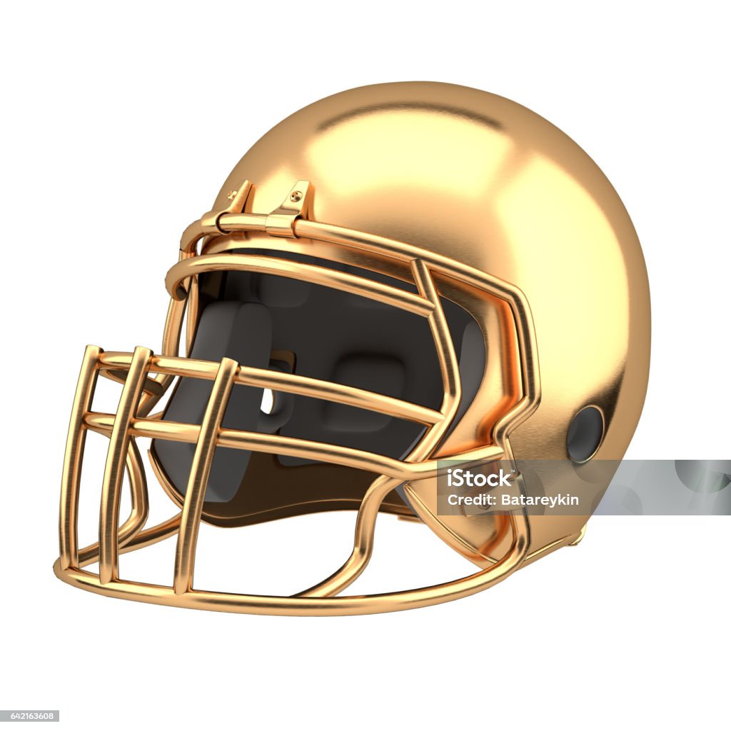 Golden American football helmet Golden American football helmet. Sport equipment. Symbol of Cup or Trophy. 3D render Illustration. Isolated on white background. Gold - Metal stock illustration