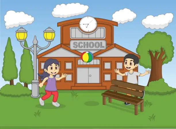 Vector illustration of Child playing ball at the school cartoon