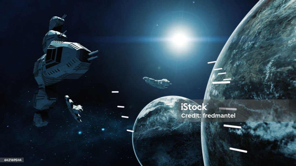 3D rendering of spaceship in battle a cosmic scene 3D rendering of a futuristic spaceship flying through space. There is a cosmic battle. A spacefighter with shooting lasers. A sci fi planet on the background. Outer Space stock illustration