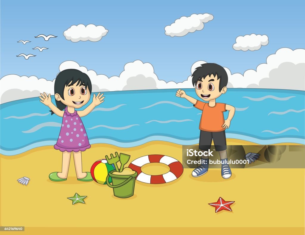 Children Playing On The Beach Cartoon Stock Illustration - Download Image  Now - Beach, Beauty, Boys - iStock