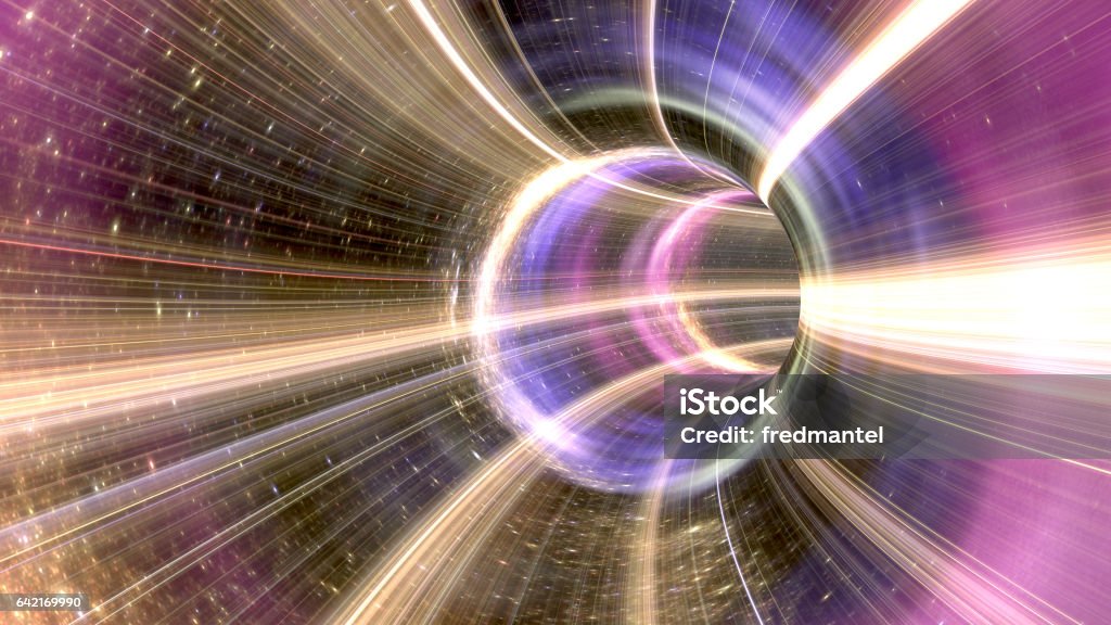 3D rendering Cosmic wormhole tunnel 3d rendering of a wormhole. The futuristic tunnel has bright lights in pink colors. Black Hole - Space Stock Photo