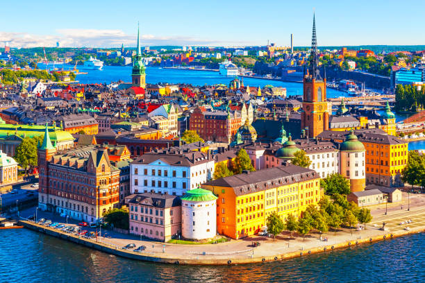 Aerial panorama of Stockholm, Sweden Scenic summer aerial panorama of the Old Town (Gamla Stan) pier architecture in Stockholm, Sweden stockholm photos stock pictures, royalty-free photos & images