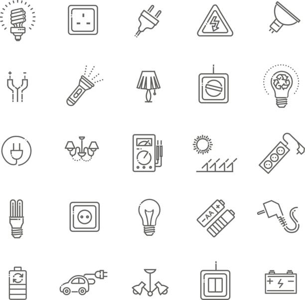 Electric accessories icons Electric accessories icons. Electricity, power and energy kilowatt stock illustrations