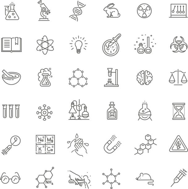 ilustraciones, imágenes clip art, dibujos animados e iconos de stock de conjunto de iconos modernos delgada línea de investigación de bioquímica - bioquímica