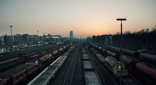 istock Railway container cargo terminal - Frankfurt Eastend at dusk 642214594