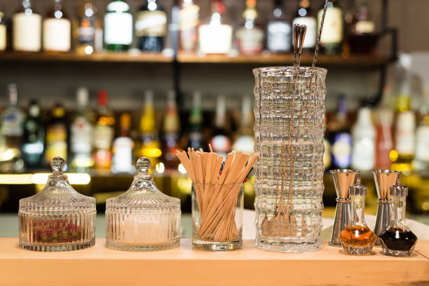 istock Cocktail mixing utensils on bar counter, selective focus 642219726