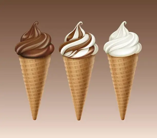 Vector illustration of set of Chocolate White Soft Serve Ice Cream Waffle Cone
