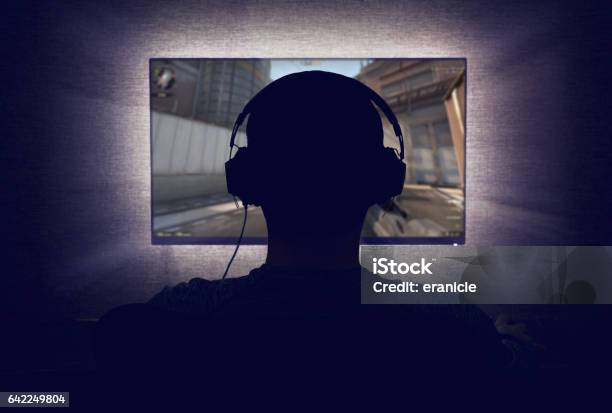Gamer In Front Of A Blank Monitor Stock Photo - Download Image Now - Gamer, Video Game, Rear View