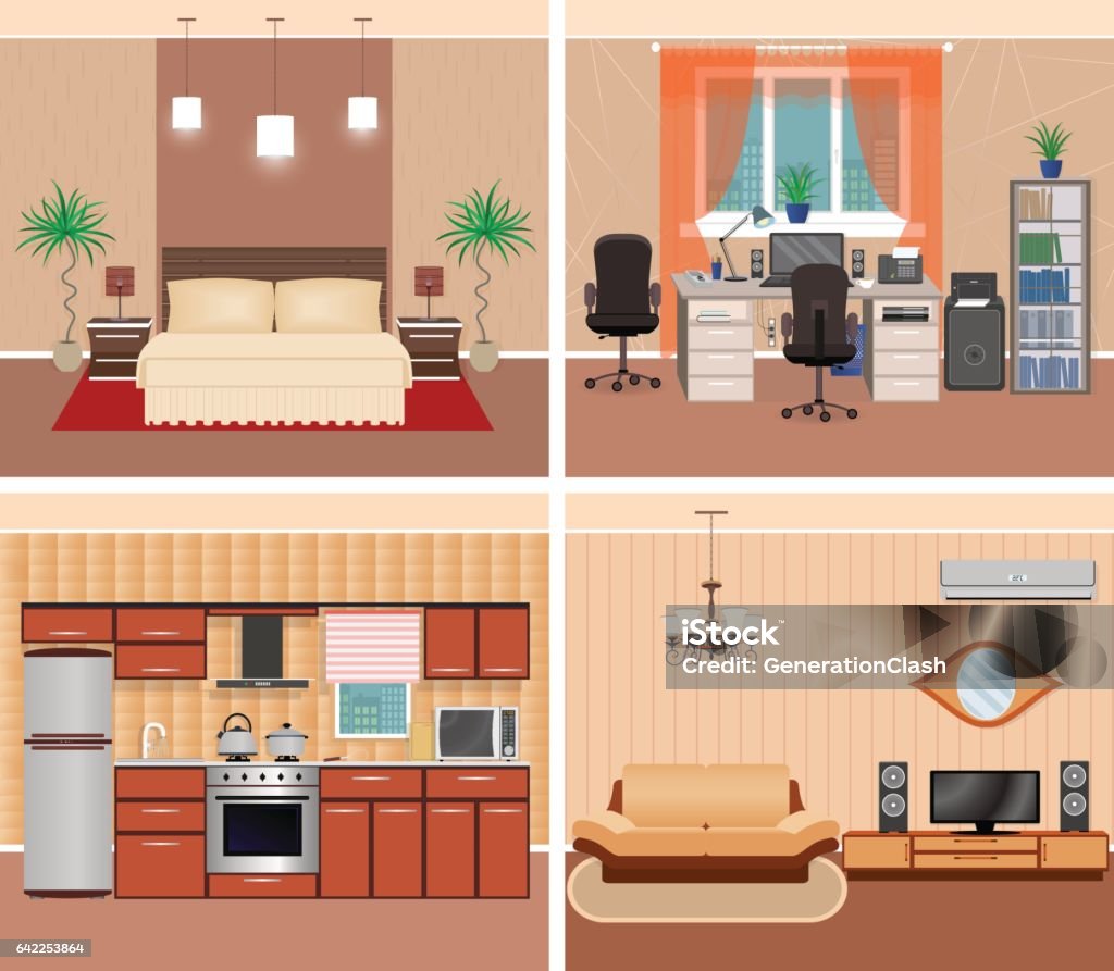 ห้องนั่งเล่นภายในบ้าน สถานที่ทํางานในประเทศ ห้องนอนและห้องครัวของ การออกแบบ บ้านรวมถึงเ ภาพประกอบสต็อก - ดาวน์โหลดรูปภาพตอนนี้ - Istock