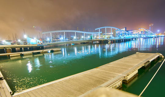 Barcenola's nightshot, Port Vell and Maremagnum bridge night views, green water color.