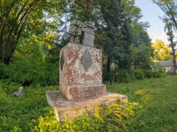 istock Old damaged park boy sculpture fisheye view 642258876