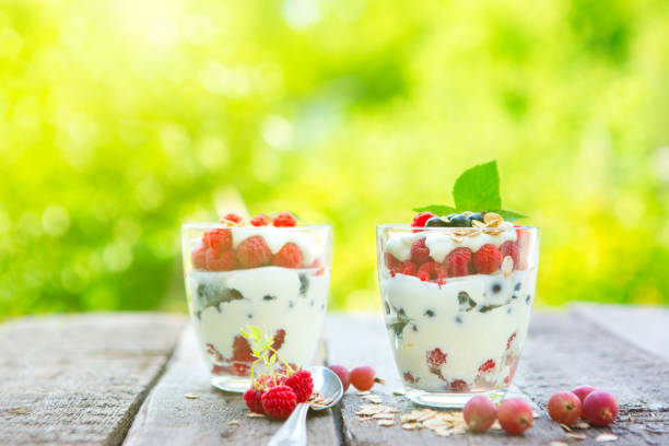 istock Natural yogurt with fresh raspberries, black currant and muesli. 642266592