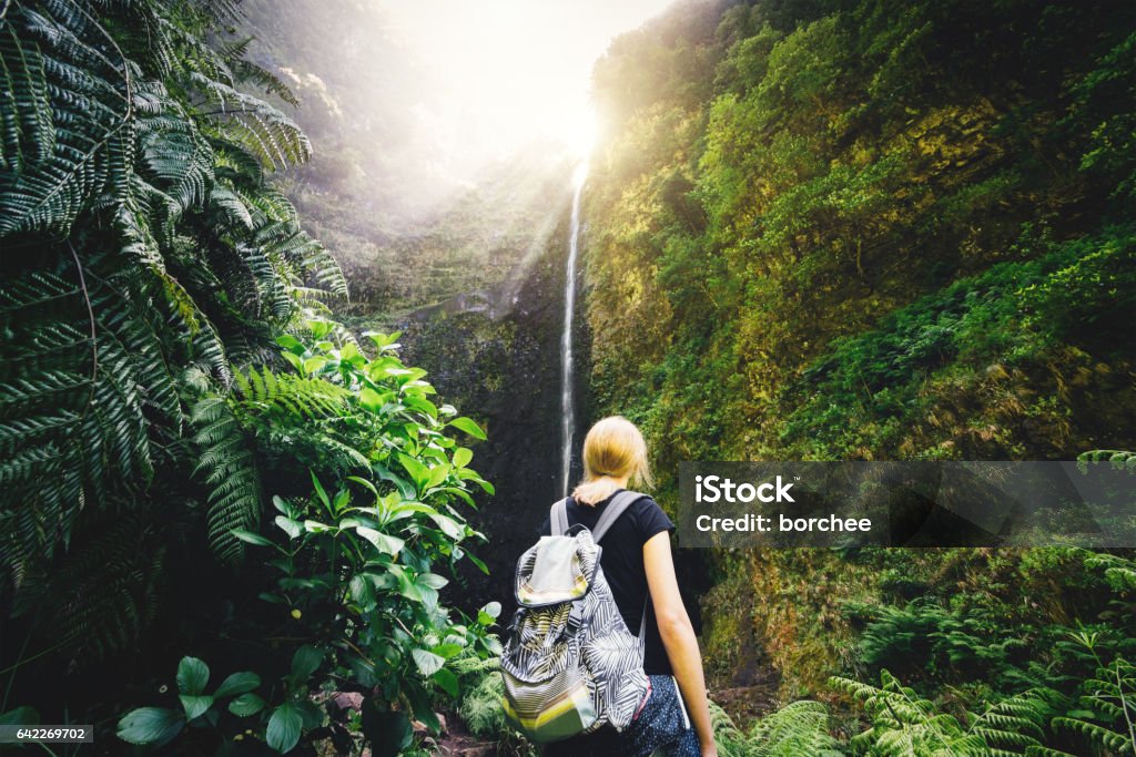 Woman Hiker Watching The Waterfall On Madeira Island - Royalty-free Ilhas da Madeira Foto de stock