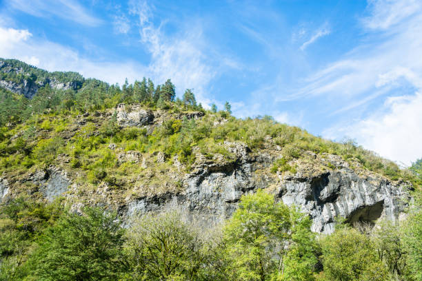 The rocks of the Caucasus, covered with trees and bushes on a Sunny day.