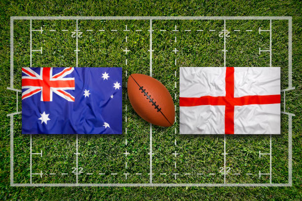 istock Australia vs. England flags, rugby field flags on rugby field 642280394