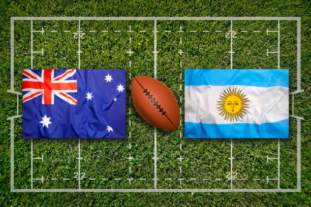 istock Australia vs. Argentina flags, rugby field flags on rugby field 642280498