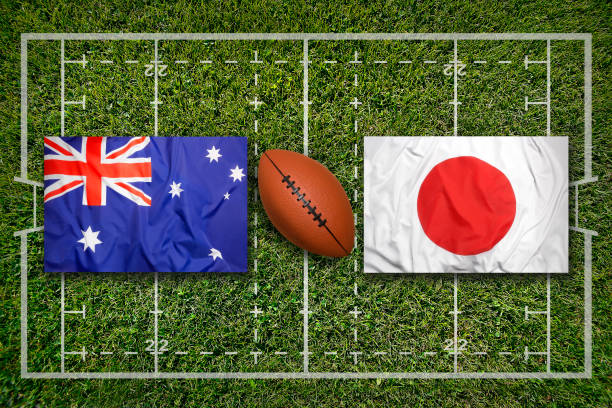 istock Australia vs. Japan flags, rugby field
 flags on rugby field 642282708