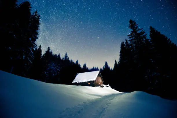 Photo of Beautiful wooden house in the winter forest under the stars