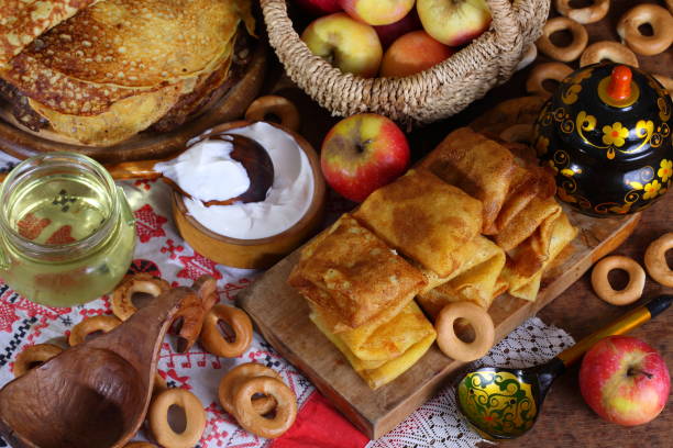 istock Still life with blinis, sour cream and apples 642308256