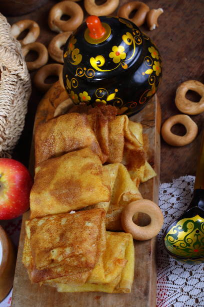 istock Still life with blinis, sour cream and apples 642308296