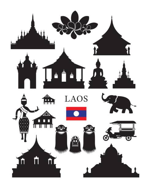 laos punkty orientacyjne i kultury obiekt zestaw - laos luang phabang thailand religion stock illustrations