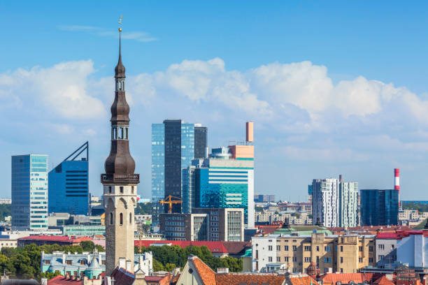 The skyline of Tallinn, capital of Estonia. The tall foreground tower is of the town hall in the old town.