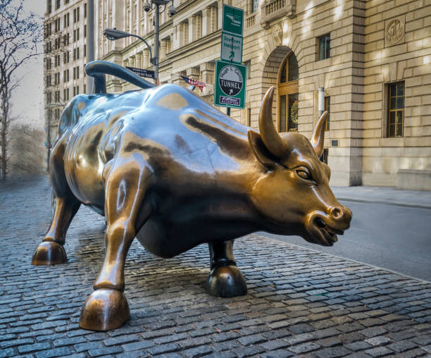 Wall Street Charging Bull Sculpture at Lower Manhattan Wall Street Charging Bull Sculpture at Lower Manhattan bronze statue stock pictures, royalty-free photos & images