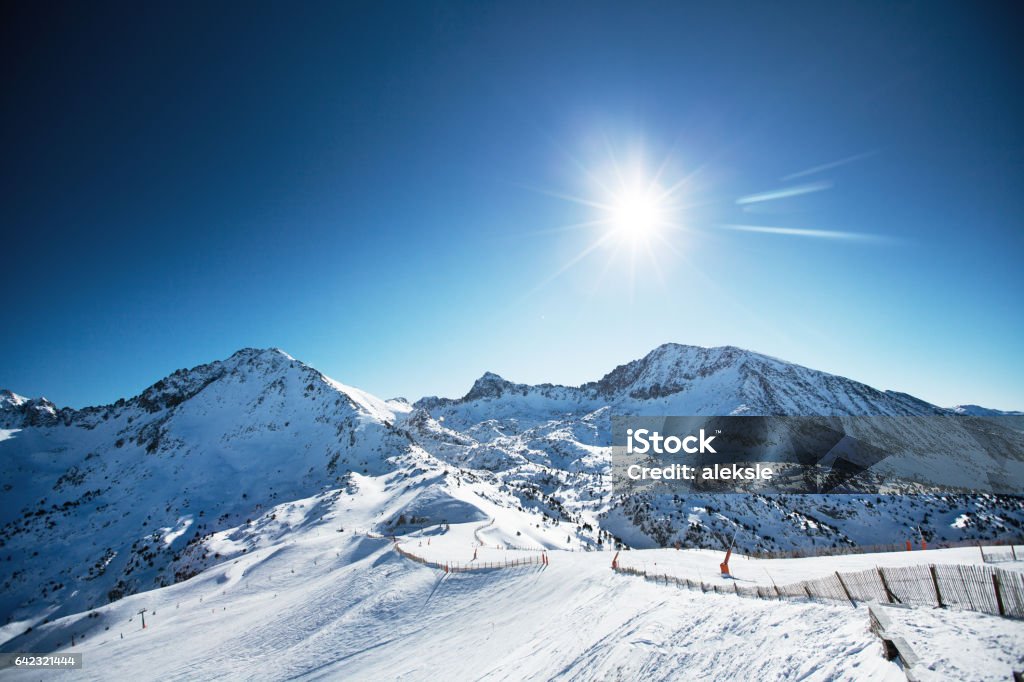 Beautiful winter mountains on a bright sunny day Snowy mountains at sunny day. Canillo ski region, Andorra Andorra Stock Photo