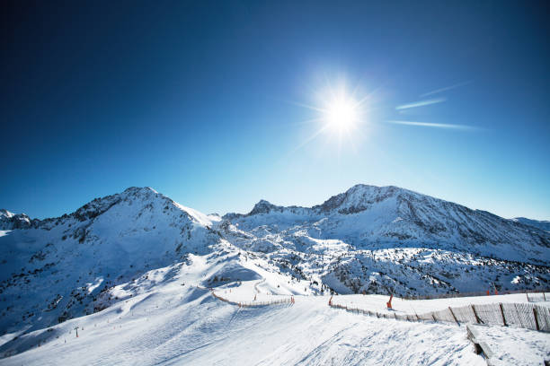 Beautiful winter mountains on a bright sunny day Snowy mountains at sunny day. Canillo ski region, Andorra andorra photos stock pictures, royalty-free photos & images
